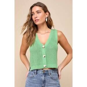 Lulus Aesthetic Ease Green Pierced Knit Button-front Cropped Tank Top - Size M